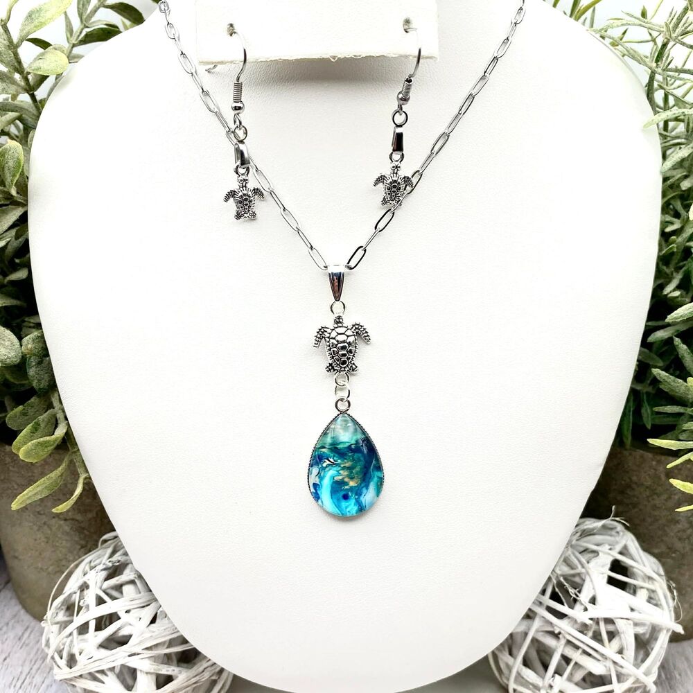 Sea Turtle Jewelry Set Silver Tone Necklace Earrings Blue Teardrop Ocean Pendant